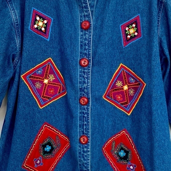 Life Style Y2K Embroidered Patchwork Denim Jean Button Down Shacket Jacket Shirt - Picture 8 of 10